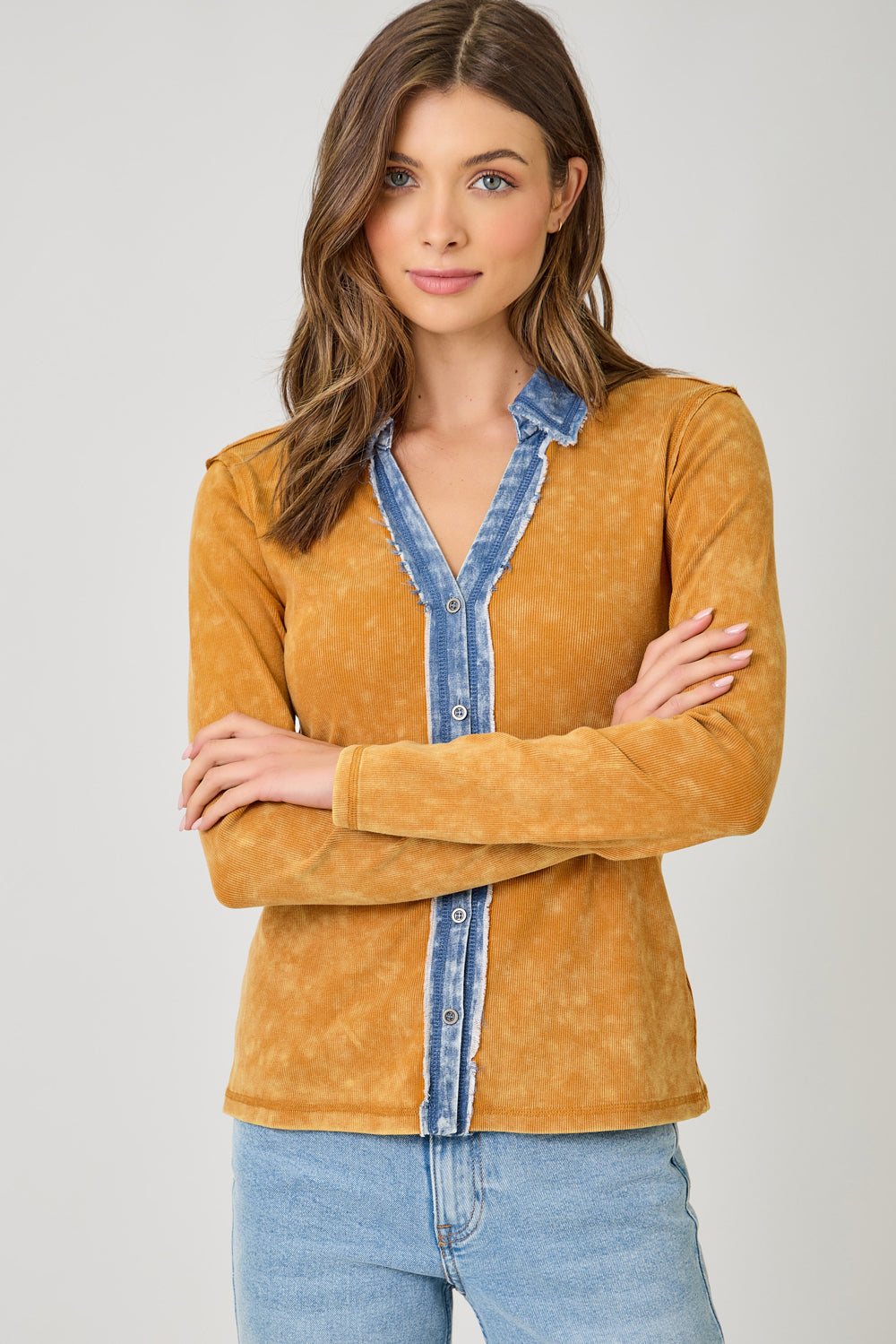 Washed Thermal Button Down Top - Pumpkin