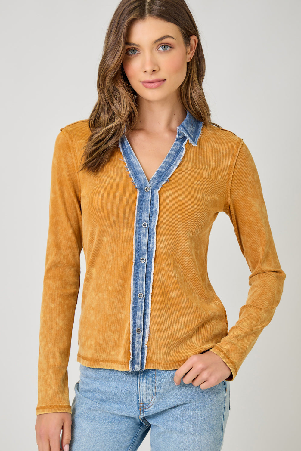 Washed Thermal Button Down Top - Pumpkin