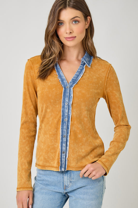 Washed Thermal Button Down Top - Pumpkin
