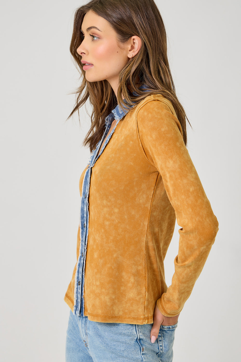 Washed Thermal Button Down Top - Pumpkin