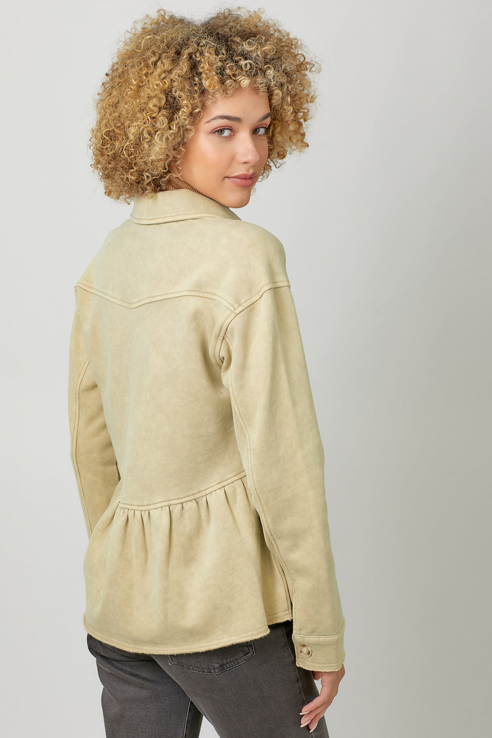 Washed Fleece Terry Peplum Jacket - Oatmeal
