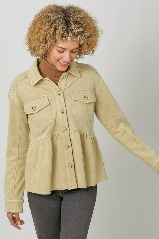 Washed Fleece Terry Peplum Jacket - Oatmeal