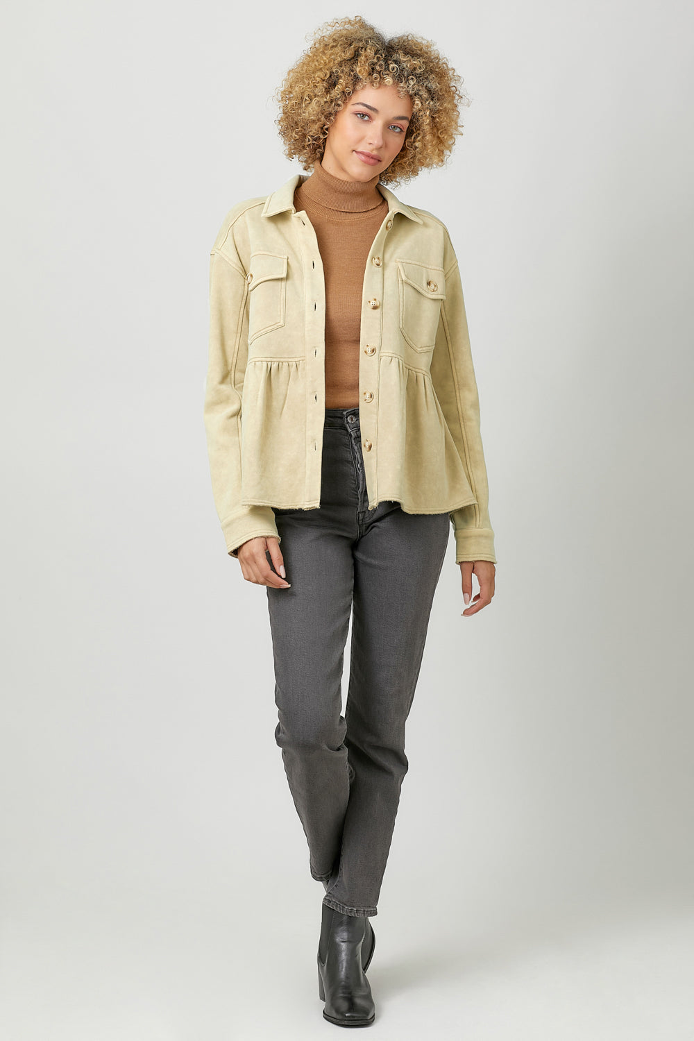Washed Fleece Terry Peplum Jacket - Oatmeal