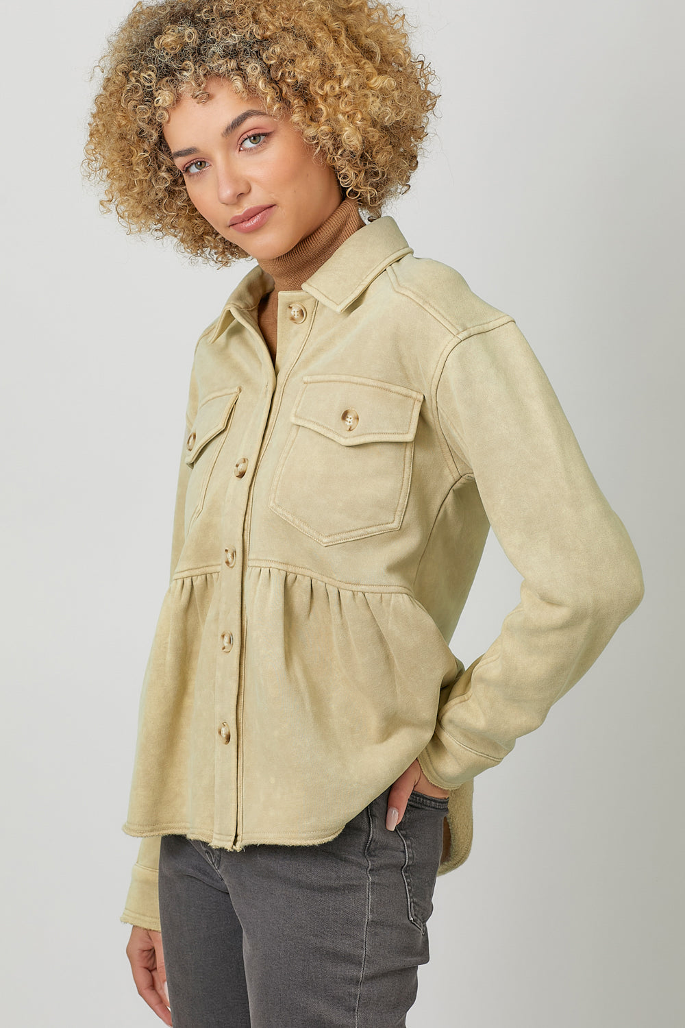Washed Fleece Terry Peplum Jacket - Oatmeal
