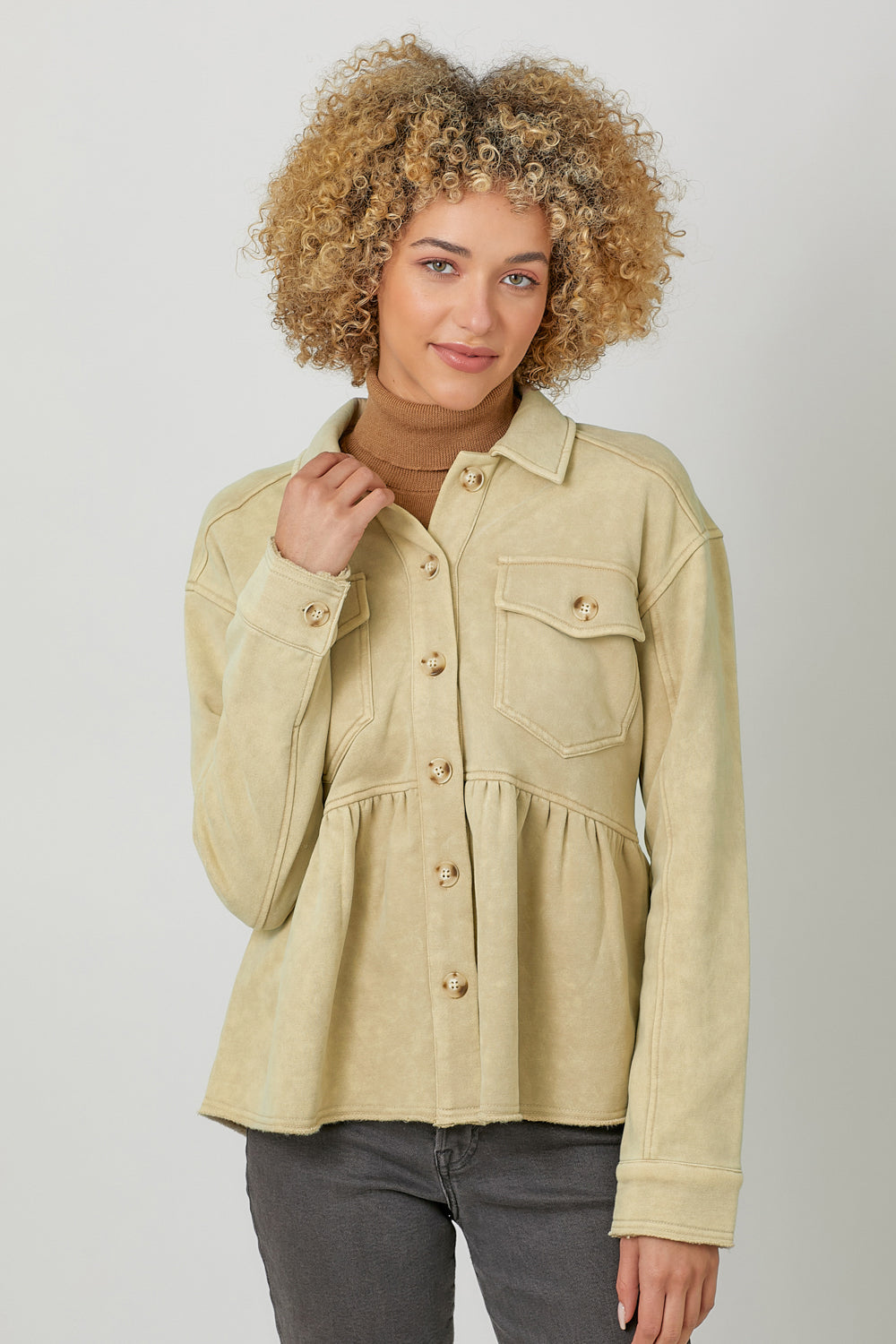 Washed Fleece Terry Peplum Jacket - Oatmeal