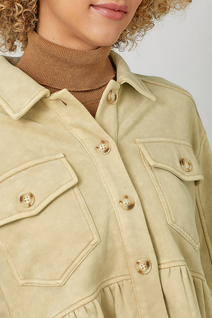 Washed Fleece Terry Peplum Jacket - Oatmeal