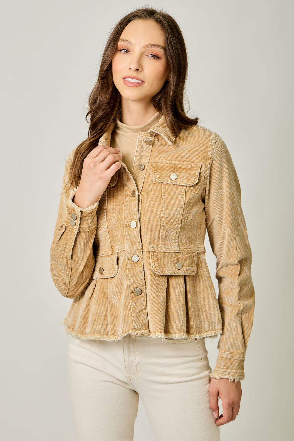 Washed Cord Peplum Jacket - Honey