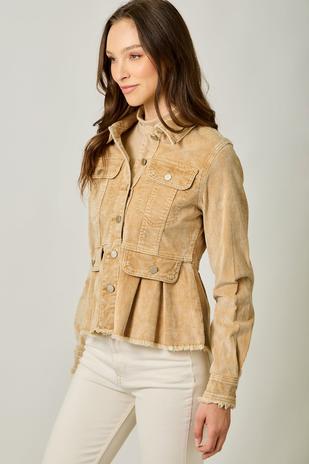 Washed Cord Peplum Jacket - Honey