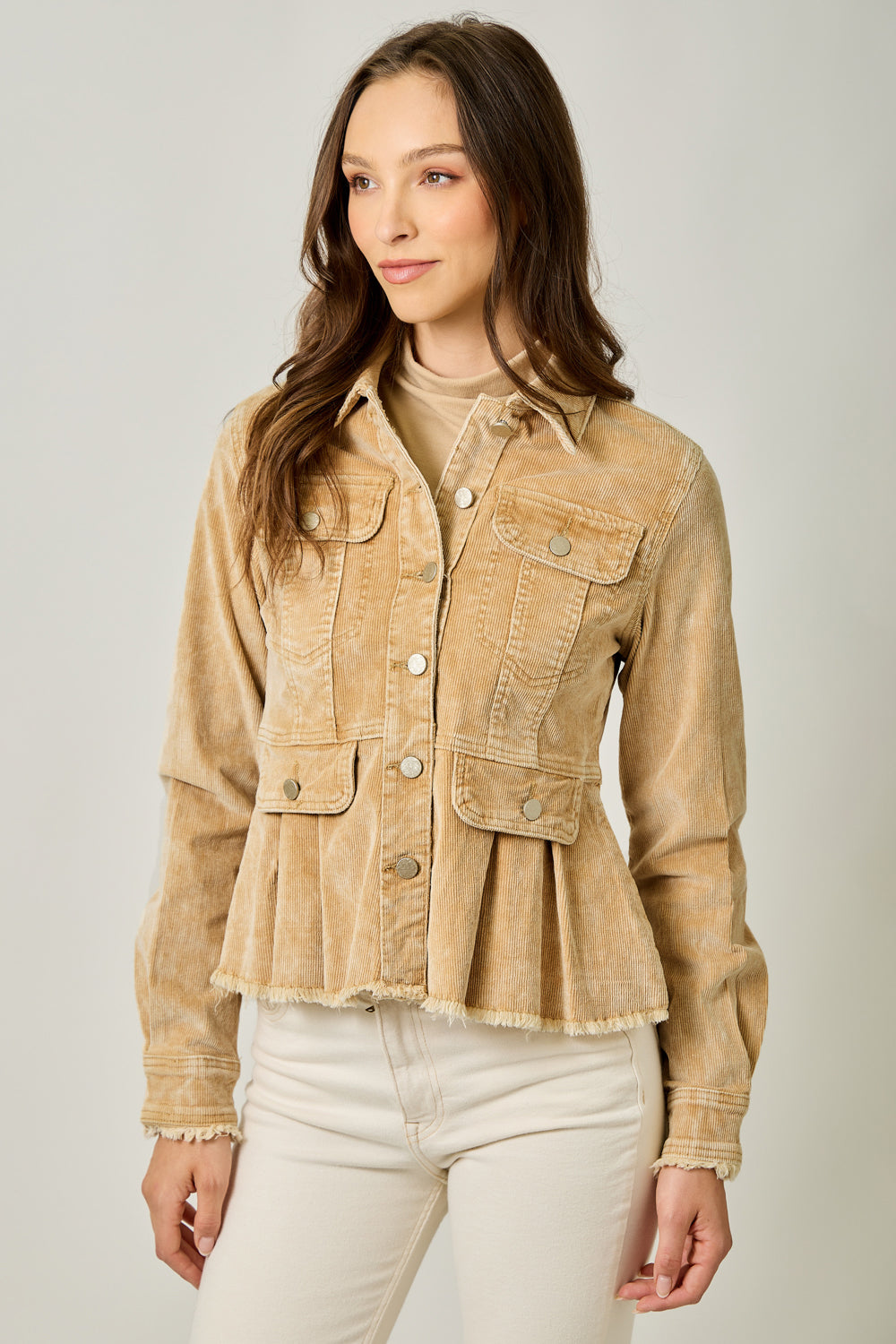 Washed Cord Peplum Jacket - Honey