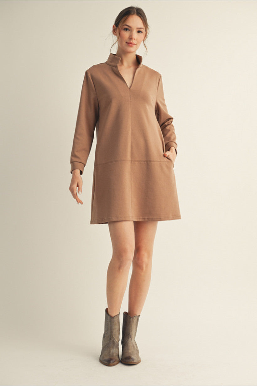 Empire Standing Collar Shift Dress - Mocha