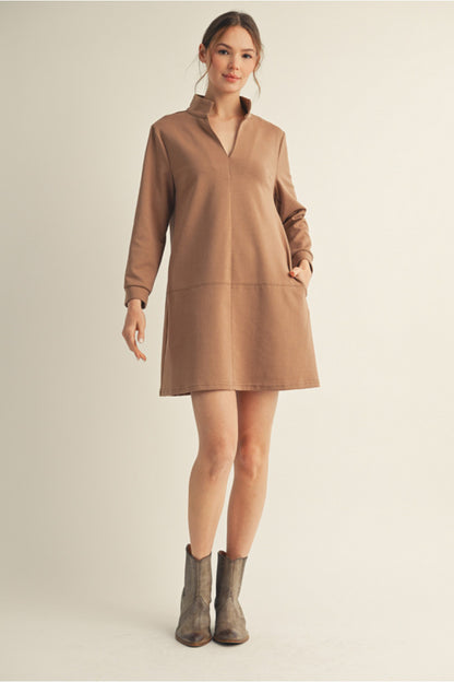 Empire Standing Collar Shift Dress - Mocha