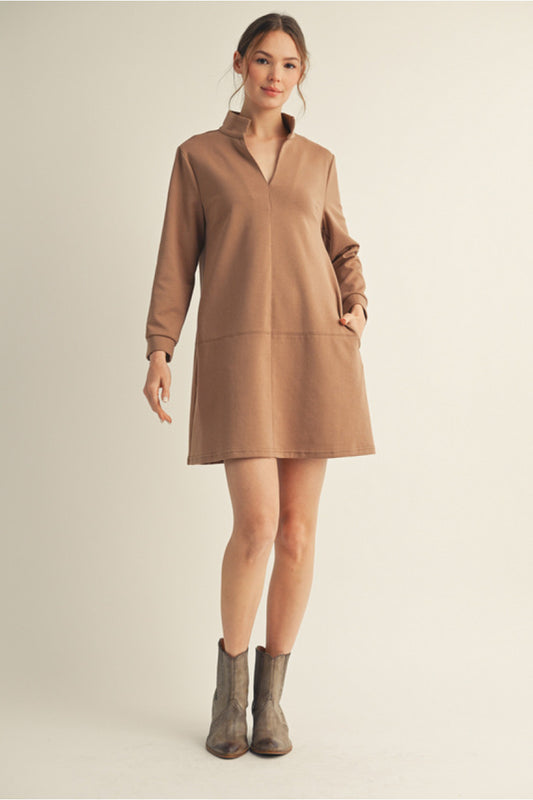 Empire Standing Collar Shift Dress - Mocha