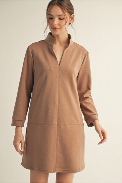 Empire Standing Collar Shift Dress - Mocha