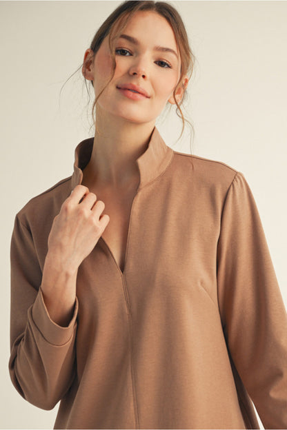 Empire Standing Collar Shift Dress - Mocha