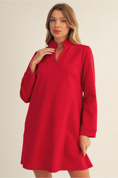 Empire Standing Collar Shift Dress - Red