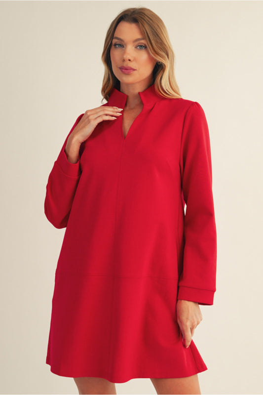 Empire Standing Collar Shift Dress - Red