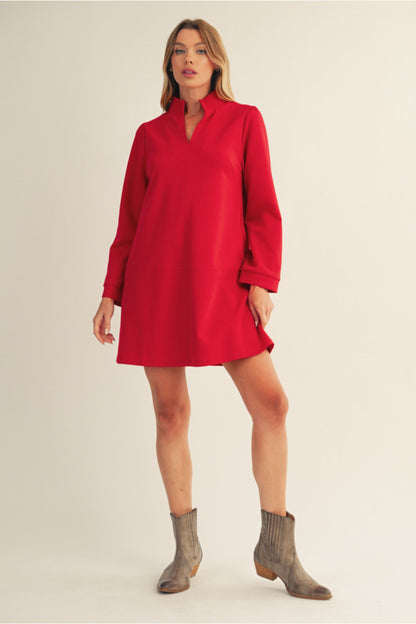 Empire Standing Collar Shift Dress - Red