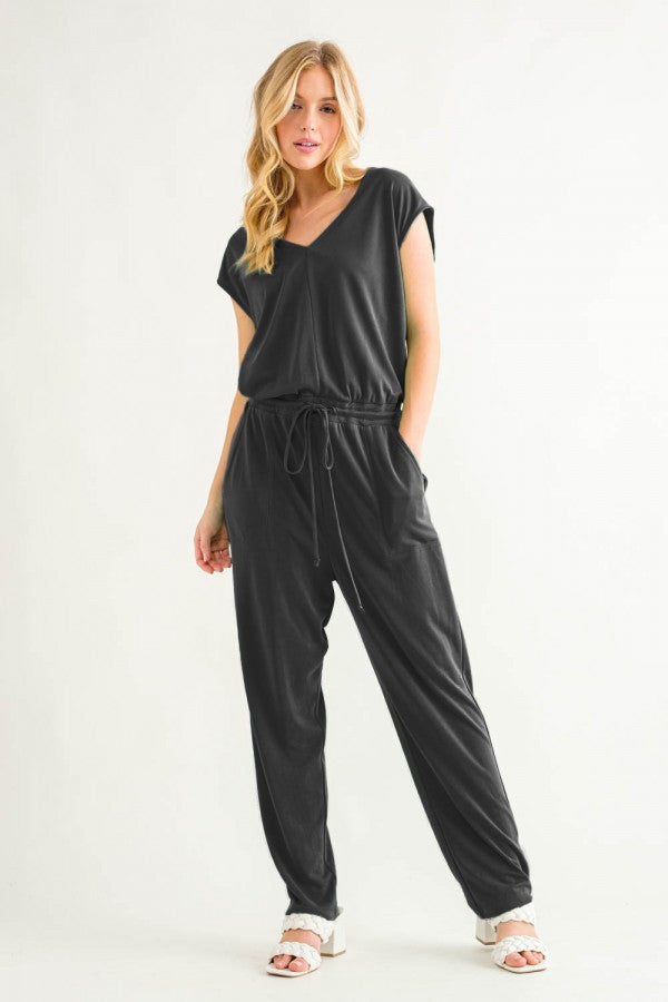 Rosalie V-Neck Stretch Jumpsuit (Black)