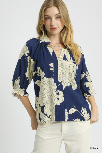 Verdant Floral Top - Navy