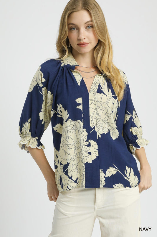 Verdant Floral Top - Navy