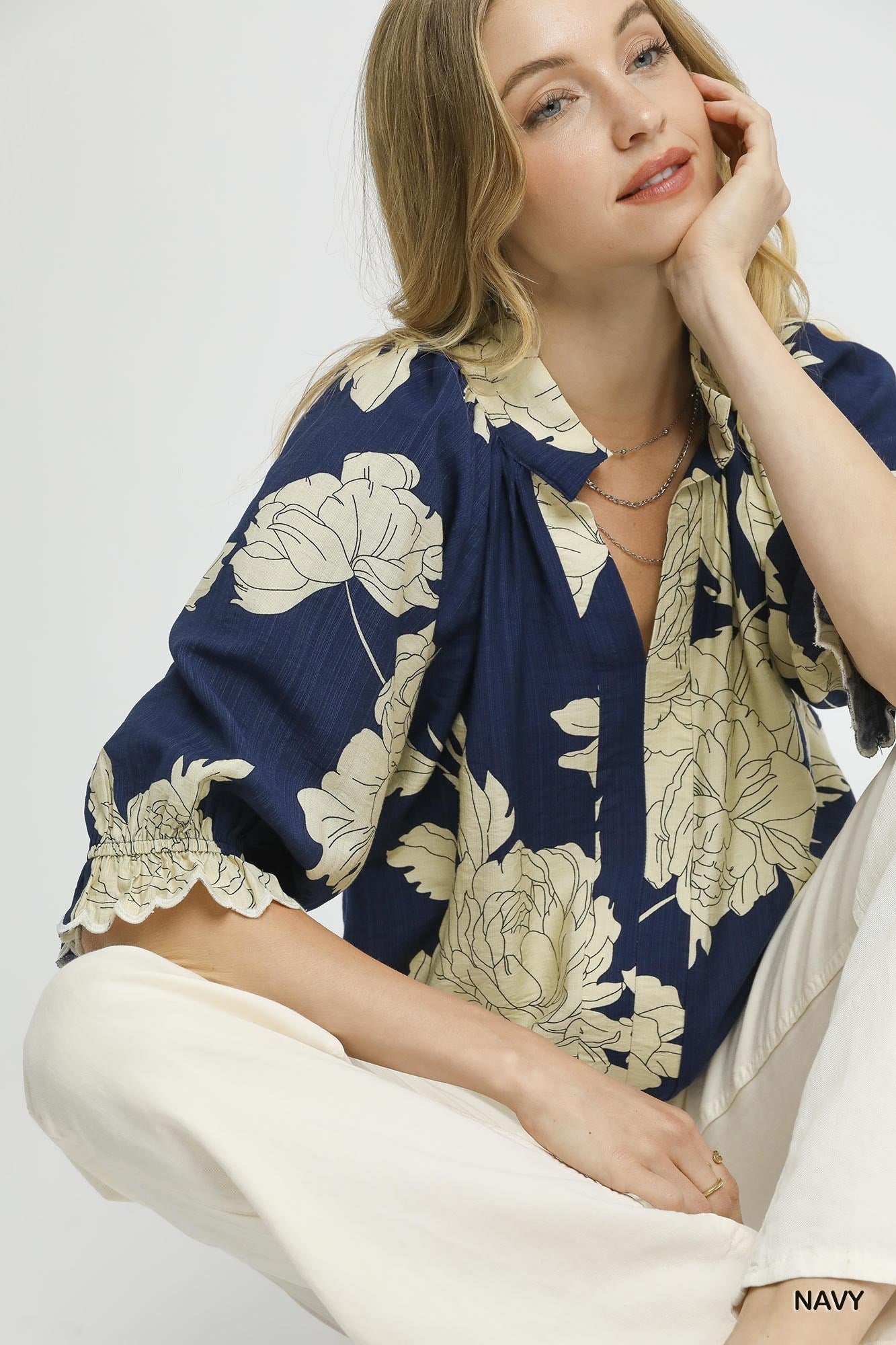 Verdant Floral Top - Navy
