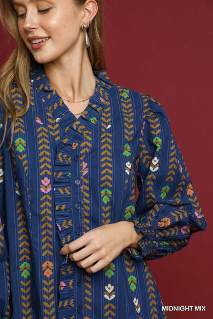 Curvy Midnight Skyline Button Front Top - Navy
