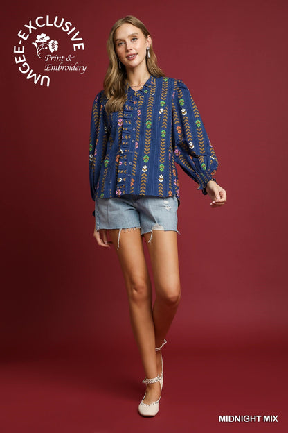 Curvy Midnight Skyline Button Front Top - Navy
