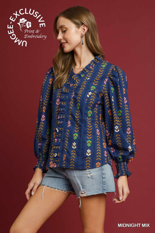 Curvy Midnight Skyline Button Front Top - Navy
