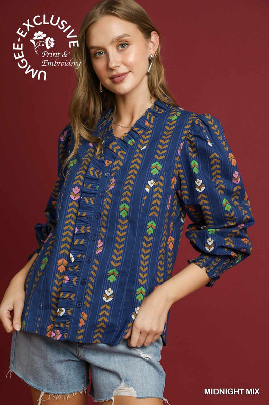 Curvy Midnight Skyline Button Front Top - Navy