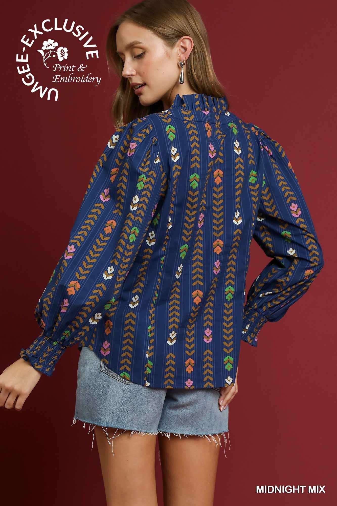 Curvy Midnight Skyline Button Front Top - Navy