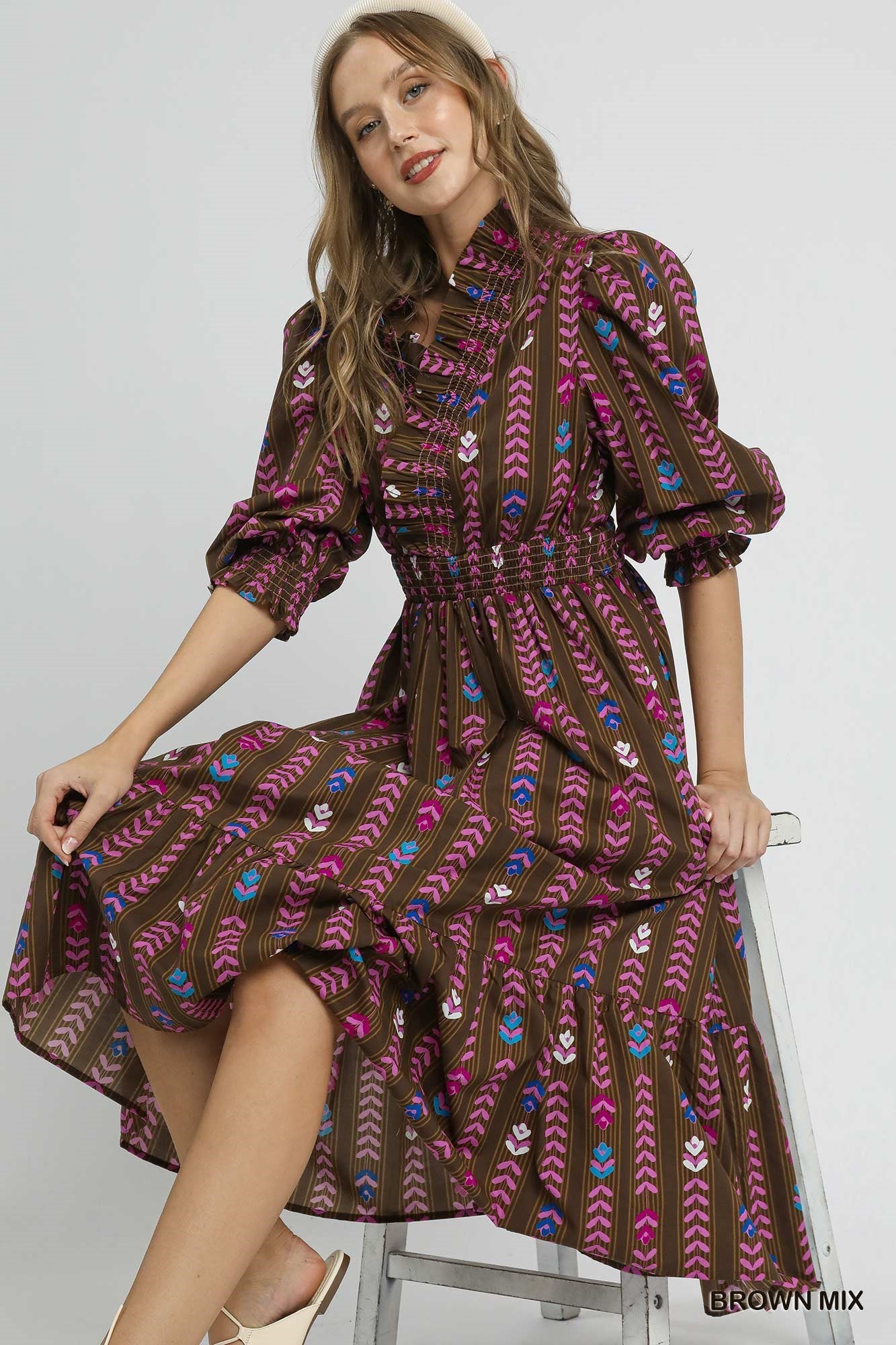 Next To It Ruffle Midi Dress - Brown