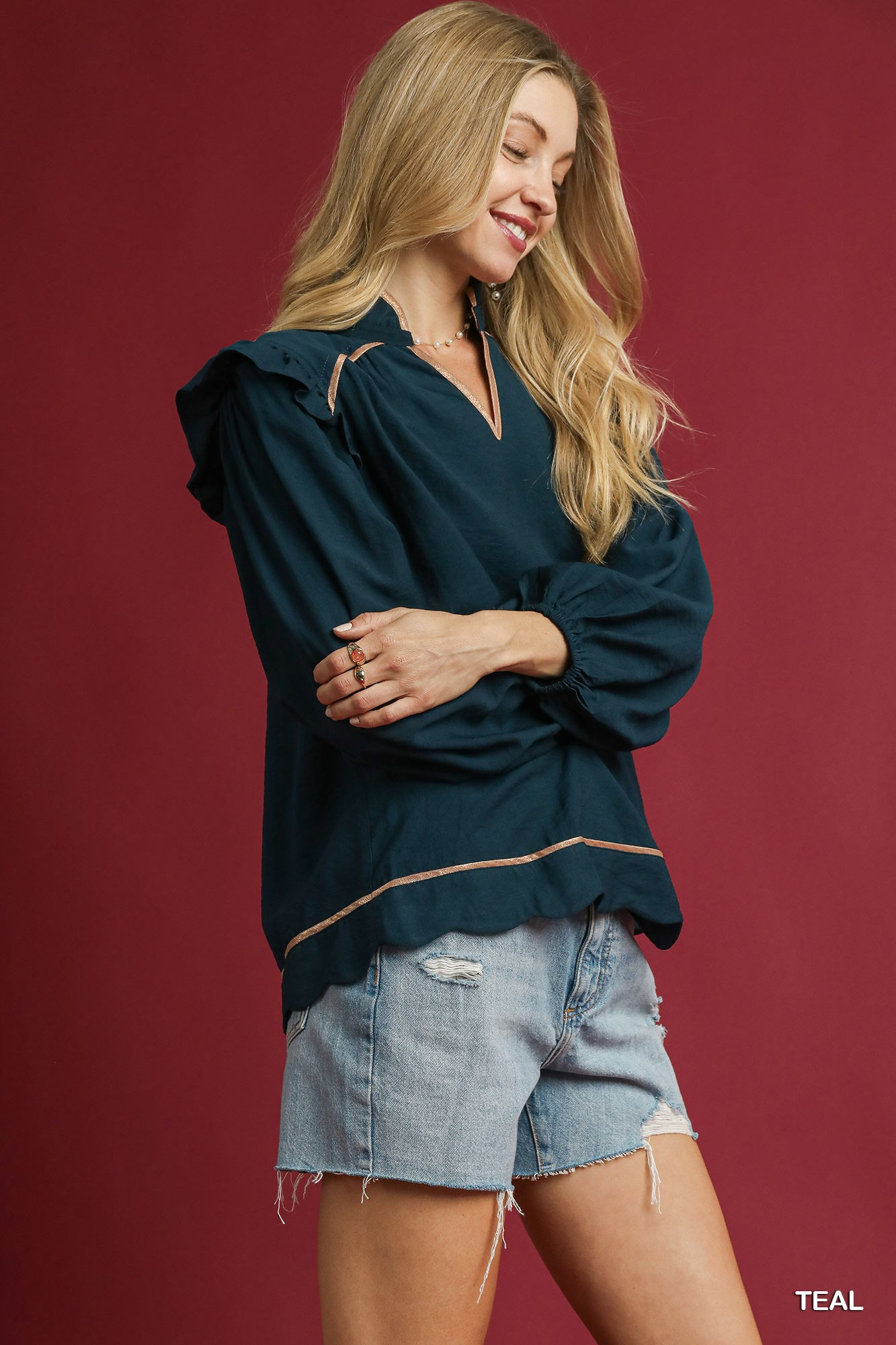 Lennox Piping Detail Ruffle Top - Teal
