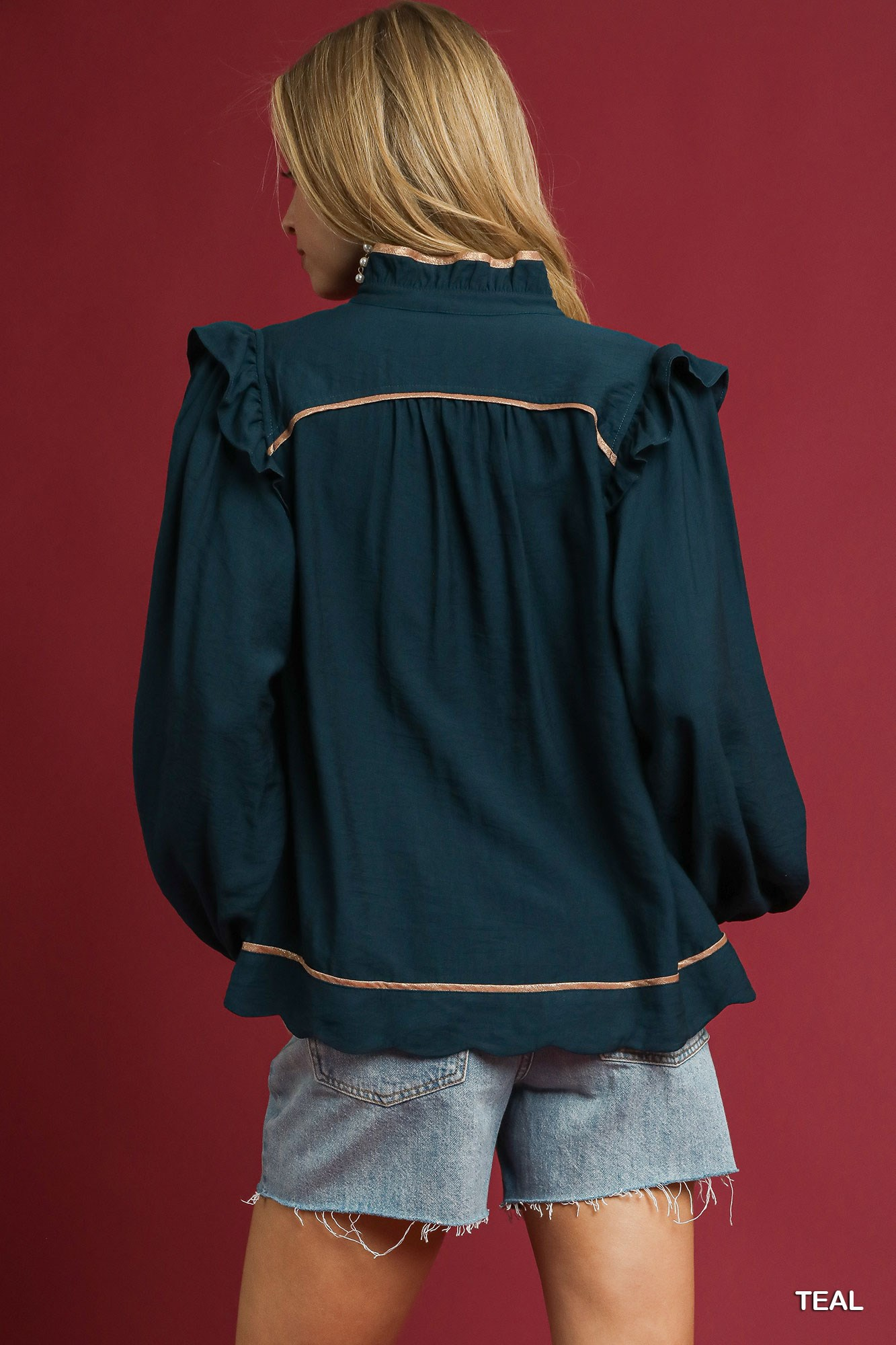Lennox Piping Detail Ruffle Top - Teal