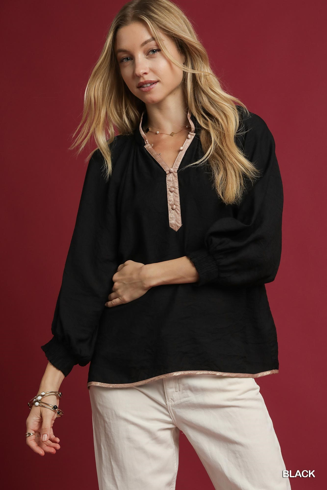 Everlee Metallic Trim Detail Top - Black