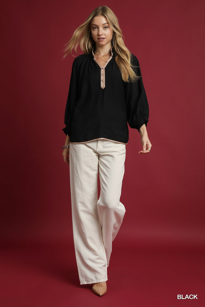 Everlee Metallic Trim Detail Top - Black