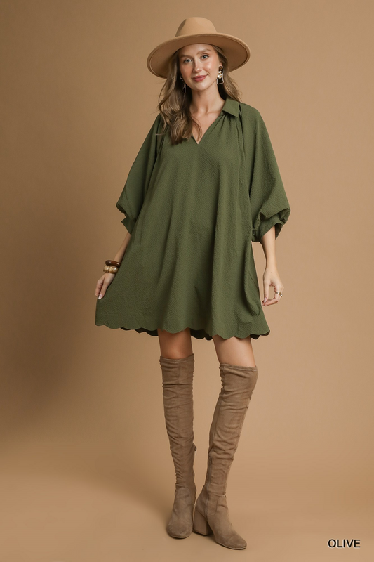Casual Chats Scallop Hem Dress - Olive