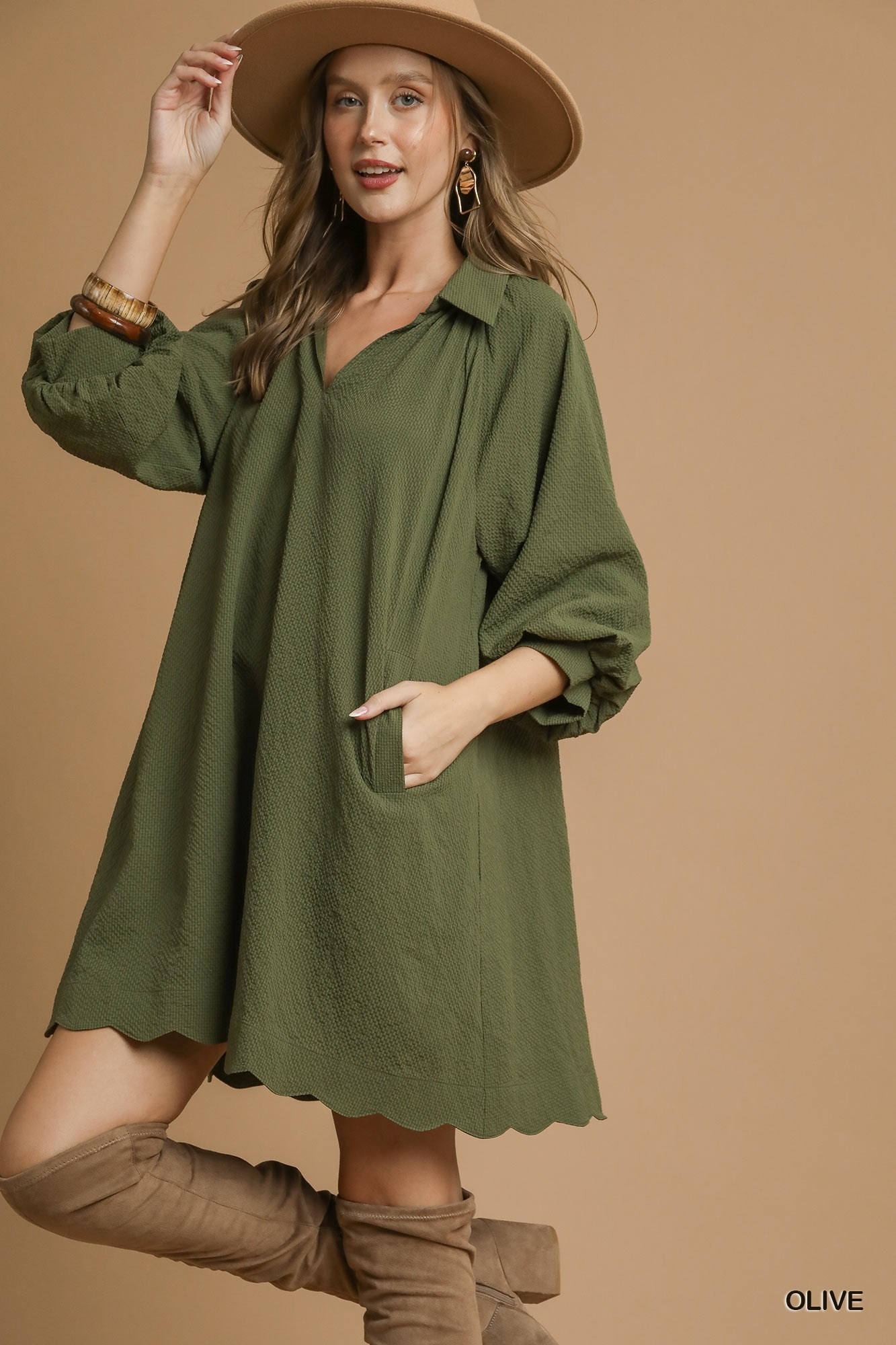 Casual Chats Scallop Hem Dress - Olive