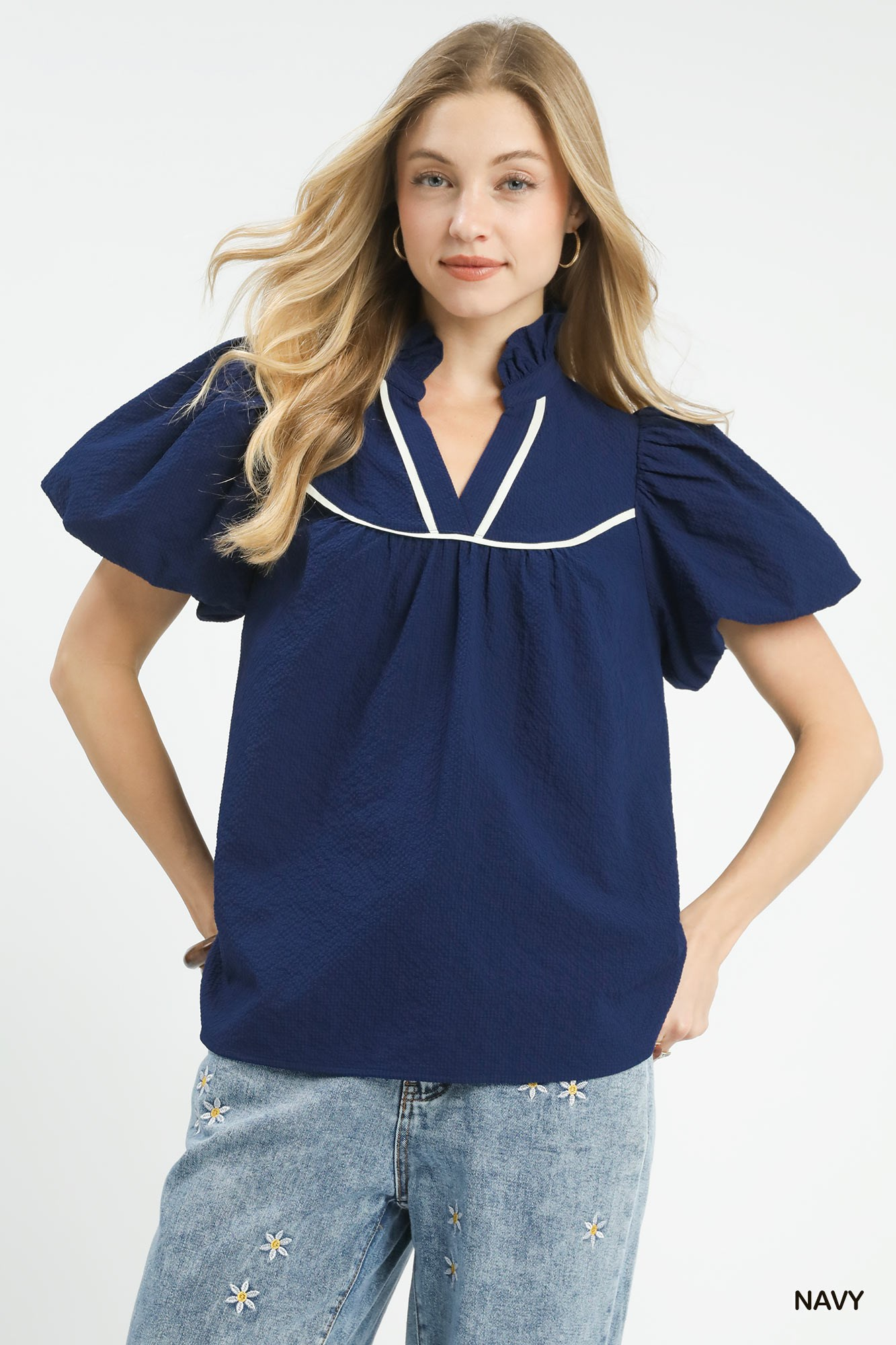 Sophie Textured Puff Sleeve Top - Navy - Delta Swanky Girl