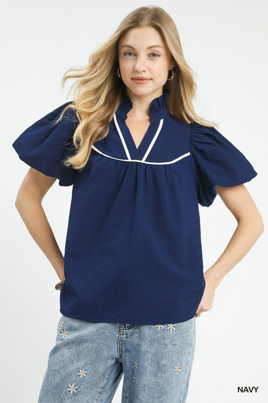 Sophie Textured Puff Sleeve Top - Navy - Delta Swanky Girl