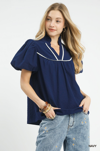 Sophie Textured Puff Sleeve Top - Navy - Delta Swanky Girl