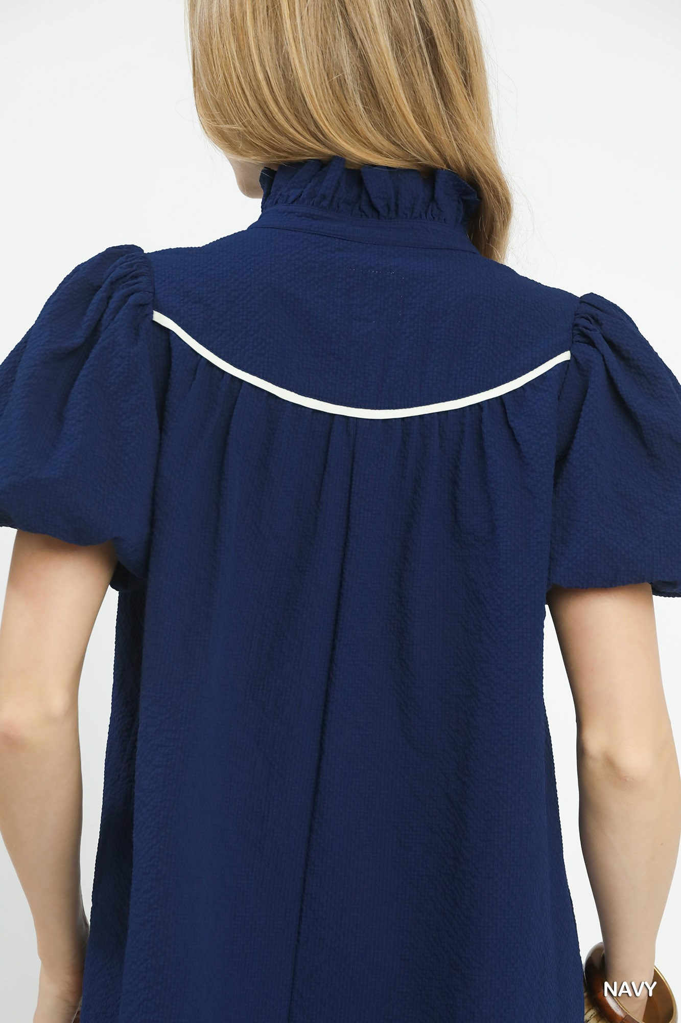 Sophie Textured Puff Sleeve Top - Navy - Delta Swanky Girl