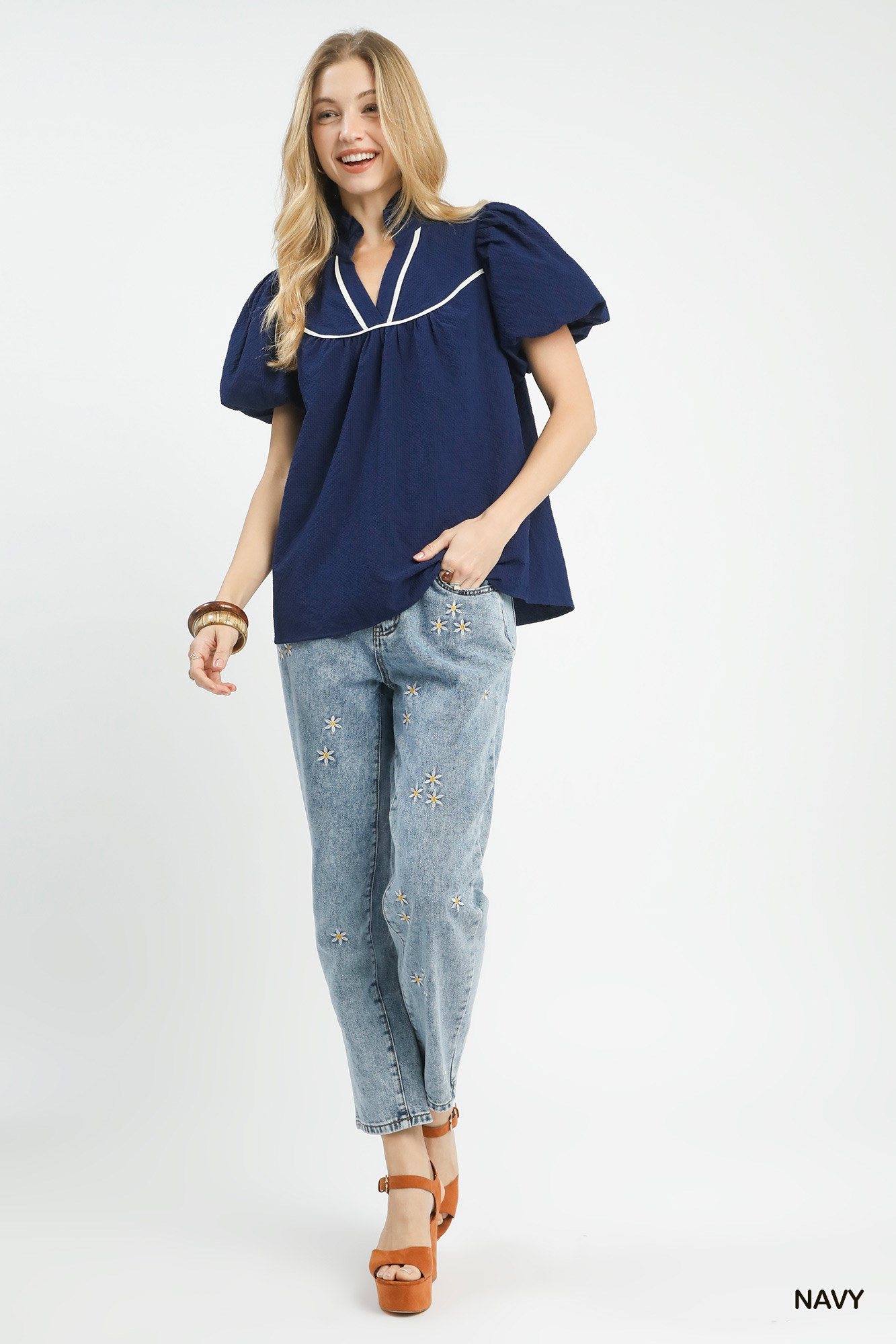 Sophie Textured Puff Sleeve Top - Navy - Delta Swanky Girl