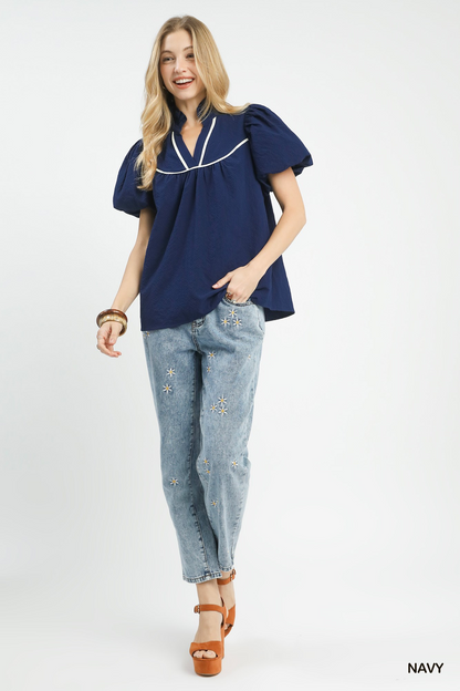Sophie Textured Puff Sleeve Top - Navy - Delta Swanky Girl