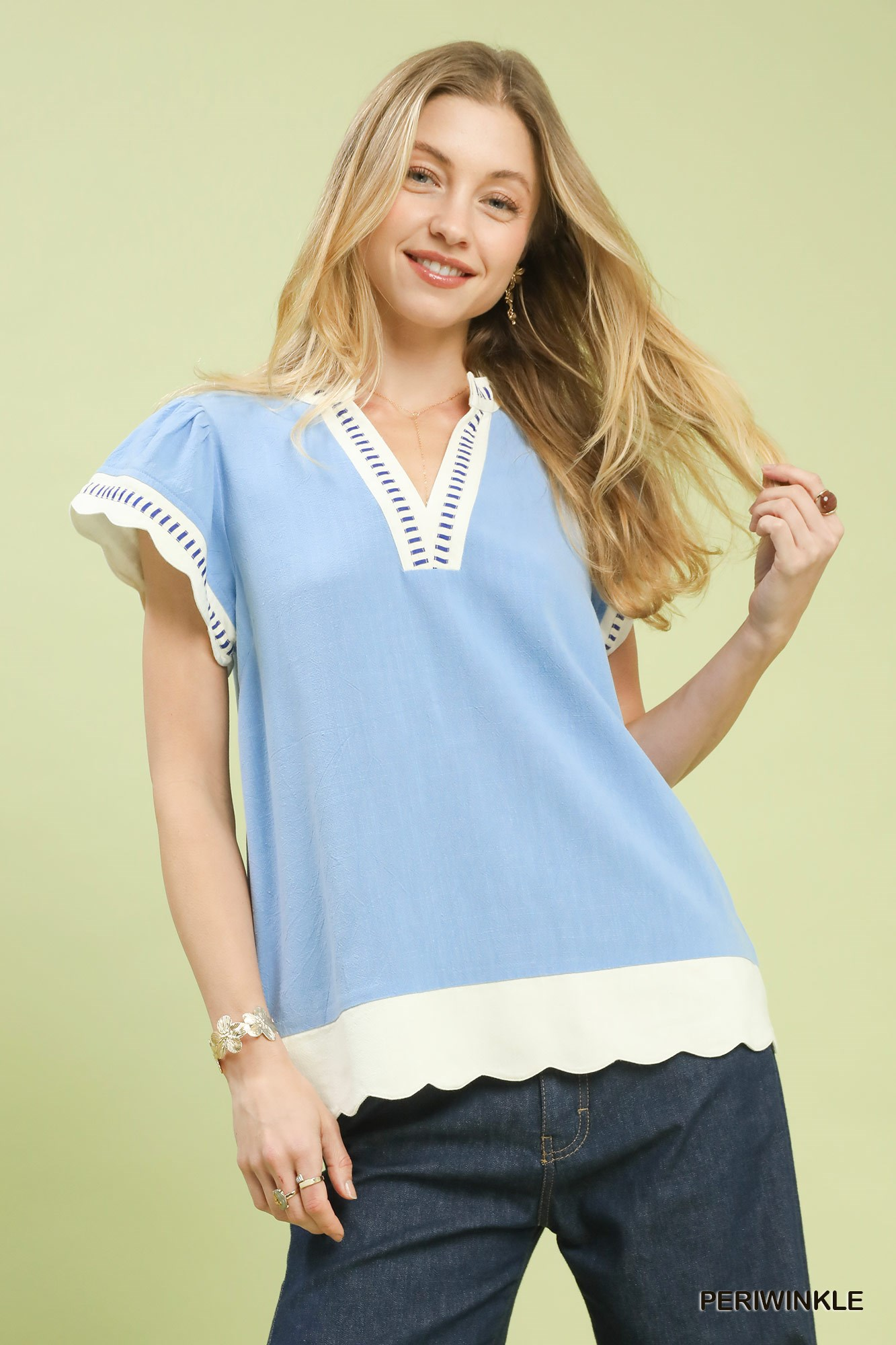 Cottage Linen Scallop Trim Top - Blue - Delta Swanky Girl