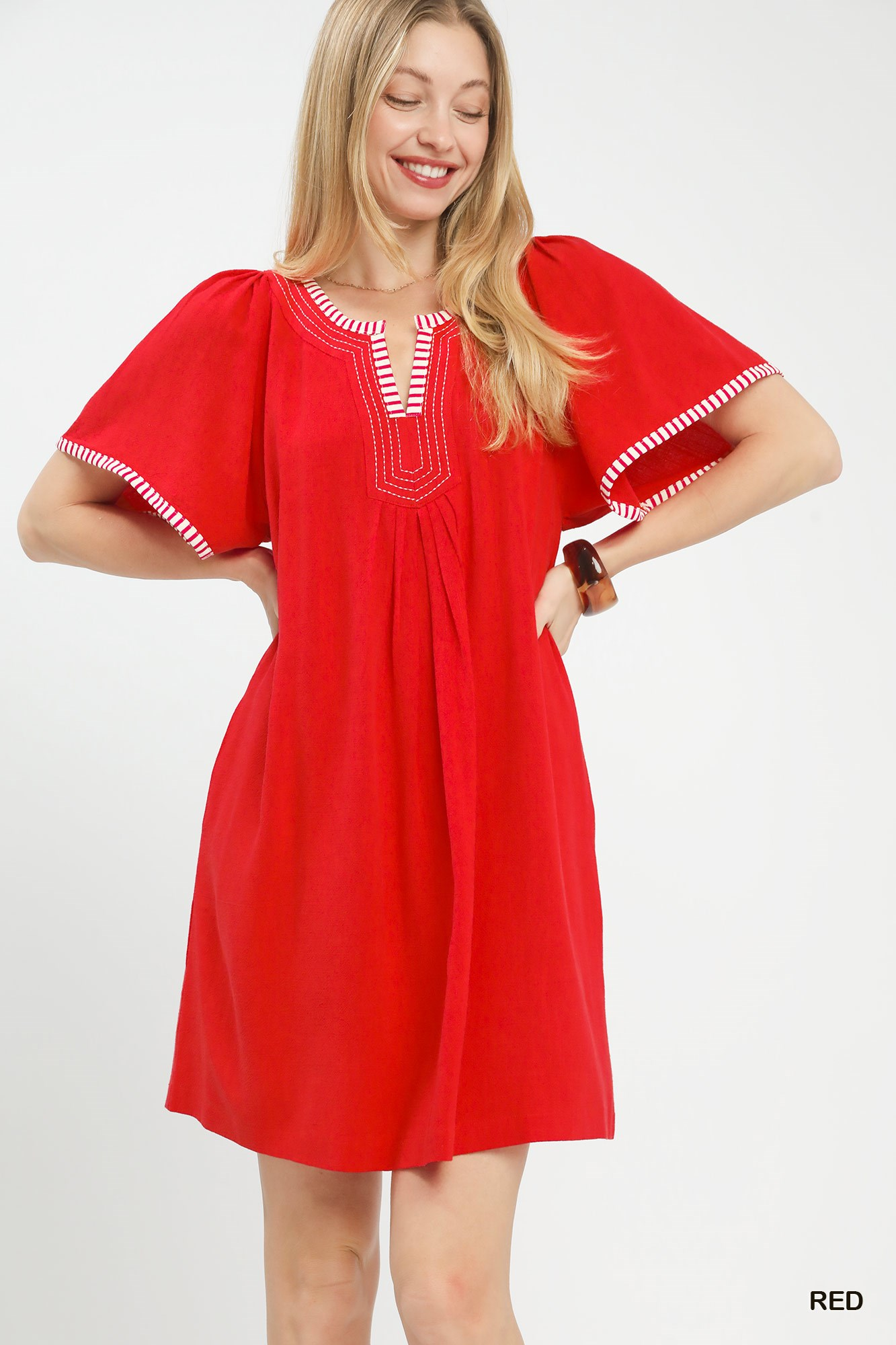 Poppy Linen Flutter Sleeve Dress - Red - Delta Swanky Girl