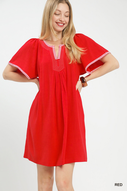 Poppy Linen Flutter Sleeve Dress - Red - Delta Swanky Girl