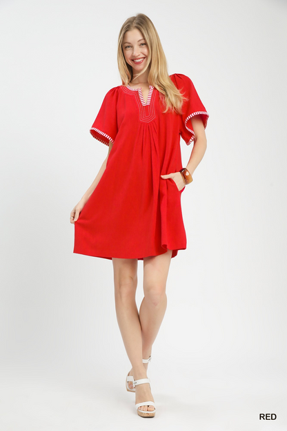 Poppy Linen Flutter Sleeve Dress - Red - Delta Swanky Girl