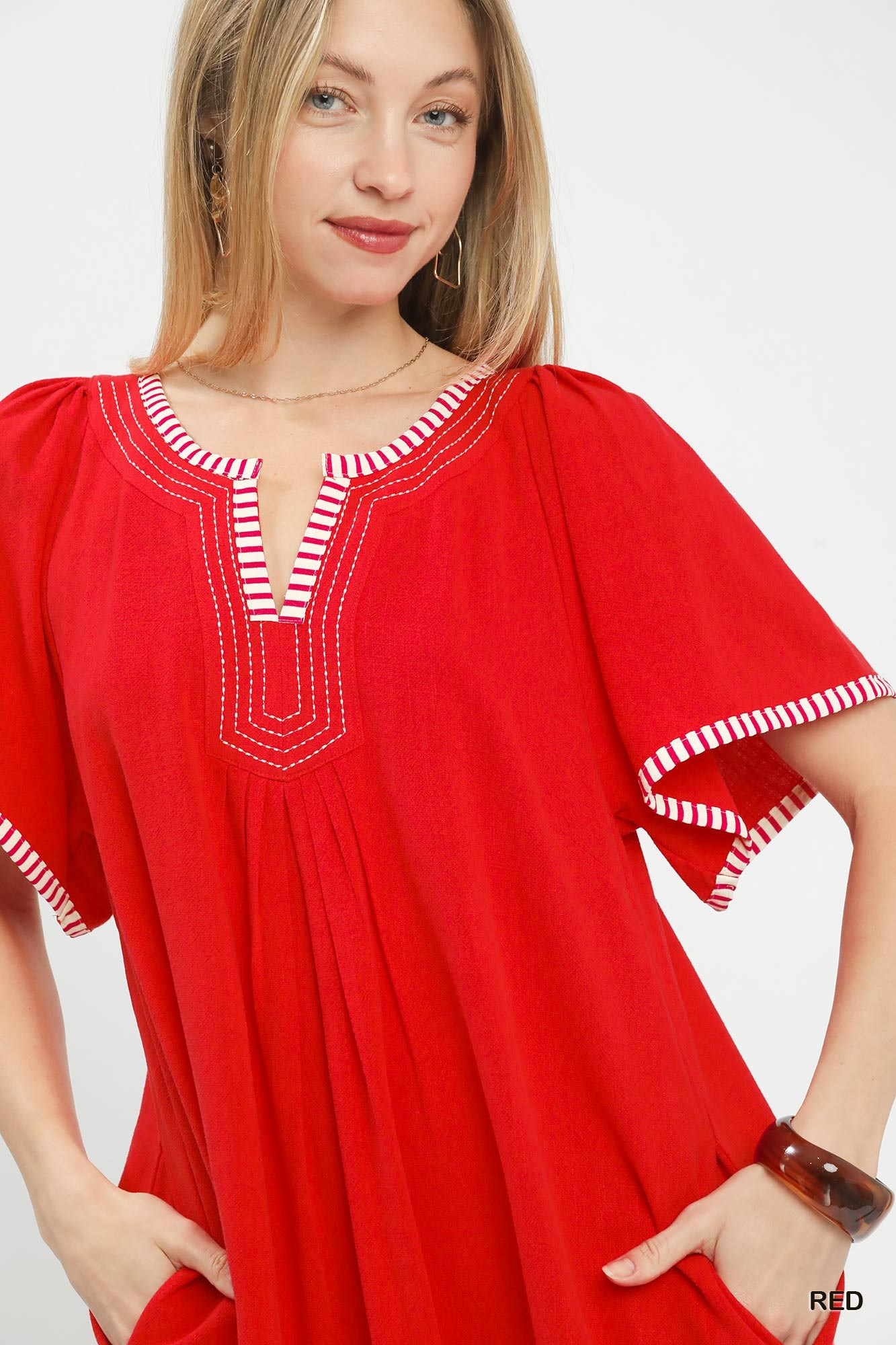 Poppy Linen Flutter Sleeve Dress - Red - Delta Swanky Girl
