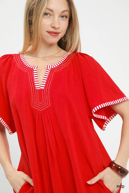 Poppy Linen Flutter Sleeve Dress - Red - Delta Swanky Girl