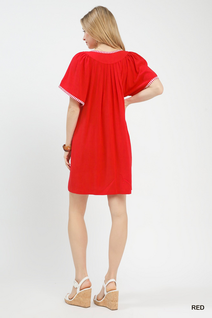 Poppy Linen Flutter Sleeve Dress - Red - Delta Swanky Girl